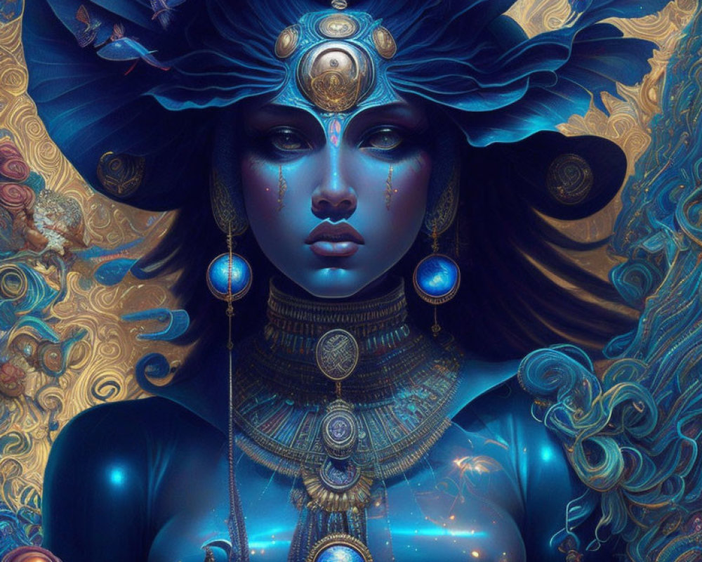 Fantasy Artwork: Woman with Blue Skin, Gold and Blue Adornments, Surrounded by