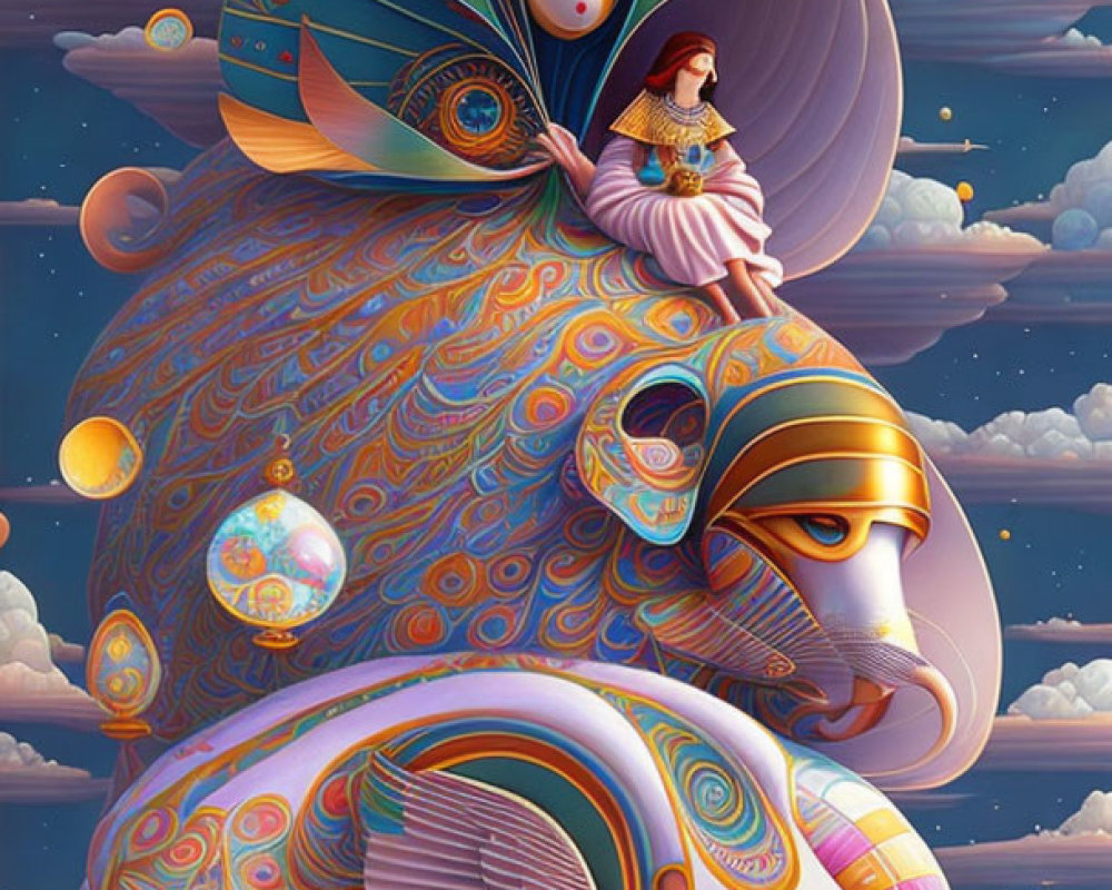 Vibrant digital art: woman on elephant, floating islands, stars