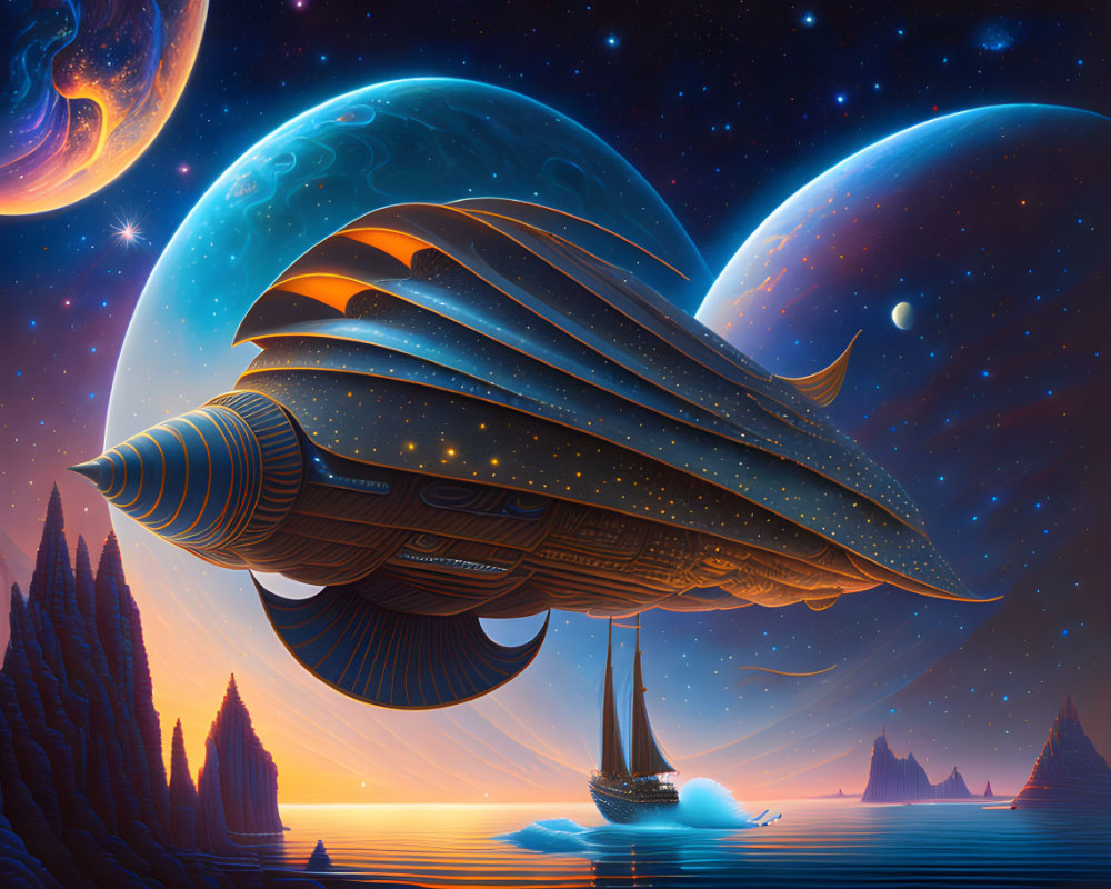 Large ornate spaceship above ocean near pointed rocks under starry sky.