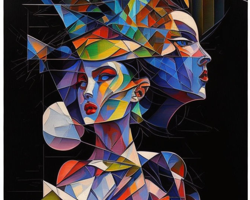 Abstract portrait with geometric shapes and sharp lines on dark background