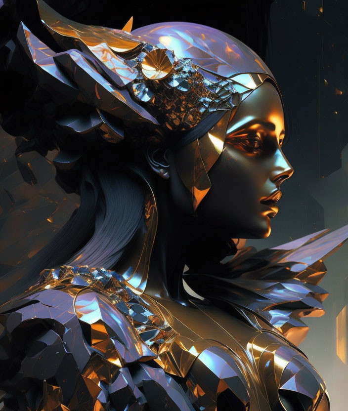 Futuristic digital artwork of female figure in golden metallic armor