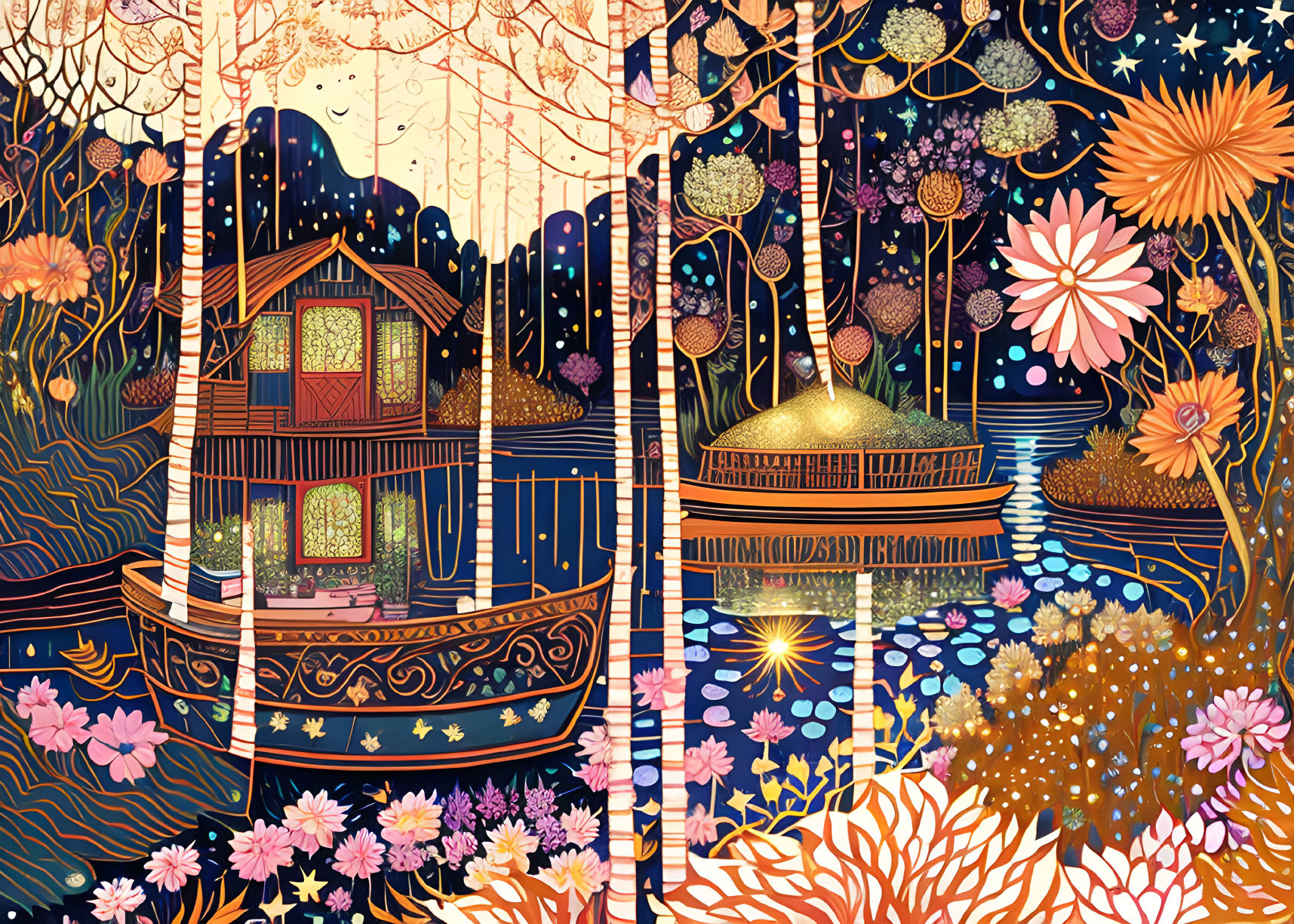 Colorful Stylized Illustration with Tree Divider, Houseboat, and Cosmic Motifs