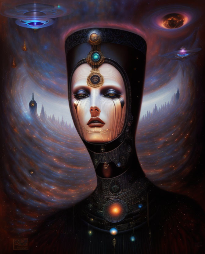 Surreal portrait of woman with cosmic headgear in starry space scene