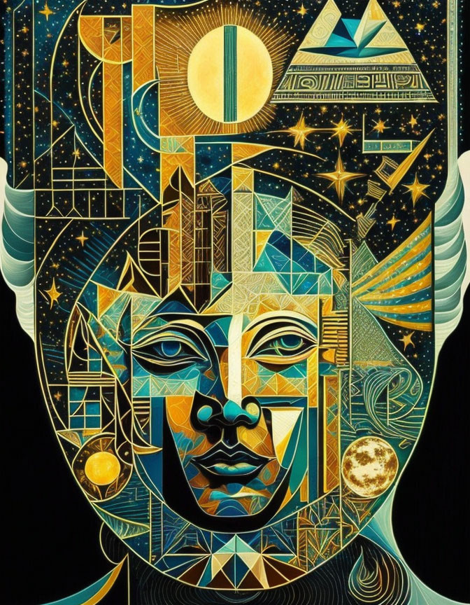 Colorful Geometric Art: Stylized Face with Celestial and Egyptian Motifs