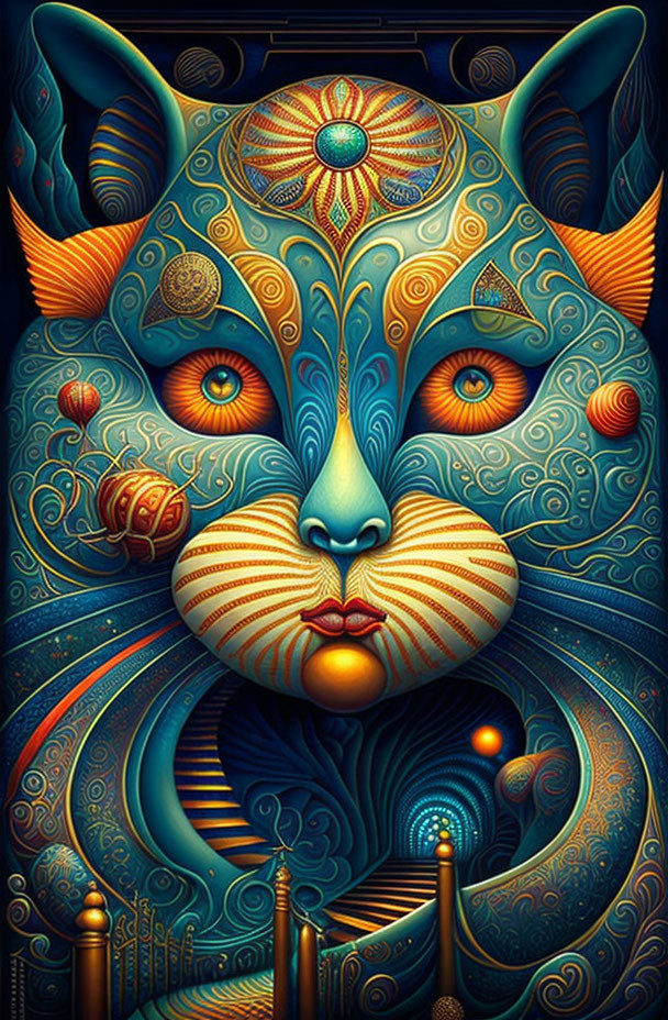 Colorful geometric cat illustration with intricate patterns on dark background