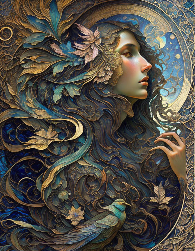 Art Nouveau Woman Illustration with Flowing Hair and Nature Elements