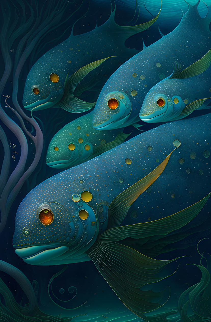 Illustration of three blue fish with orange eyes in dark aquatic setting