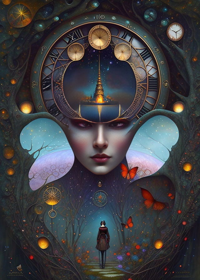 Surreal portrait of a woman with clockwork universe head, butterfly ears, traveler on path,