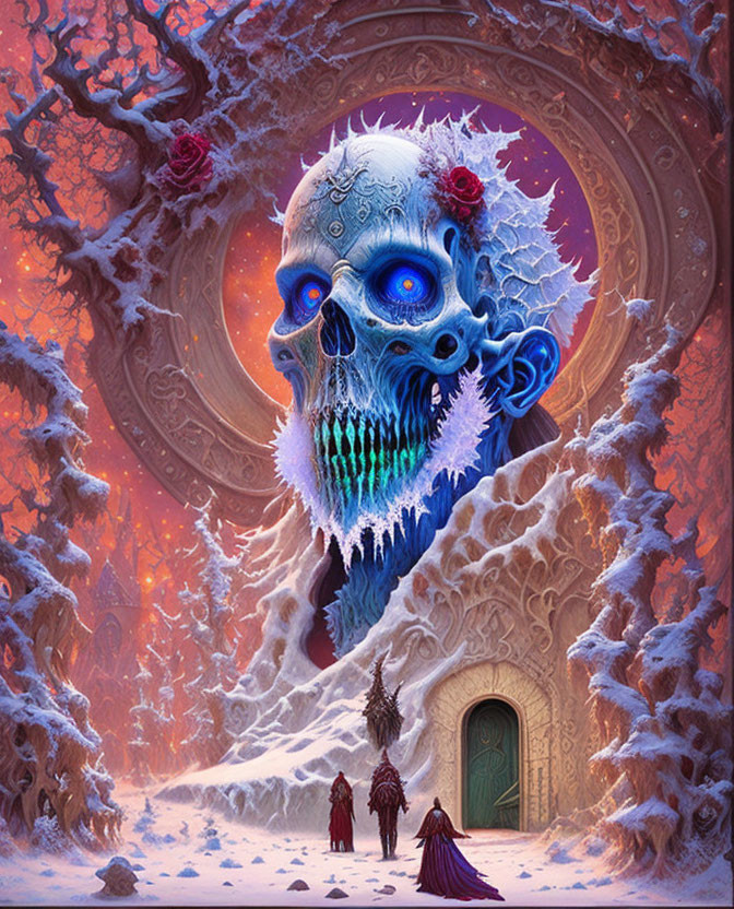 Giant skull with blue eyes and icicle teeth in snowy landscape