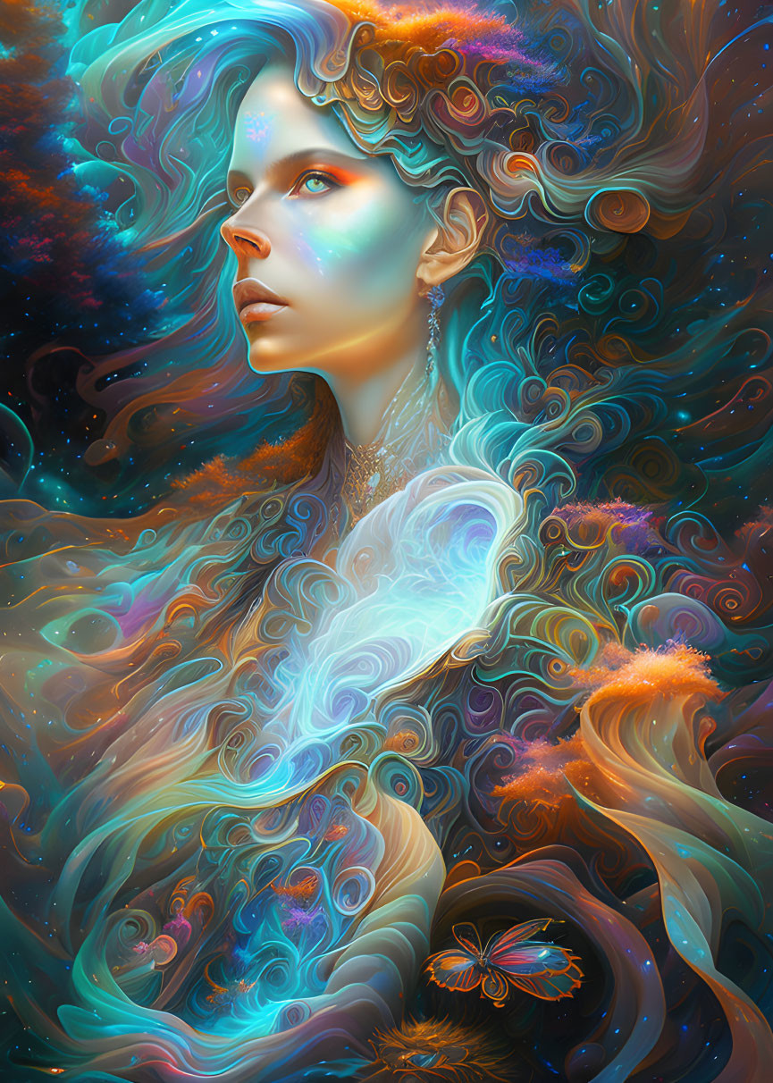 Colorful Surrealist Portrait of Woman with Cosmic and Floral Elements