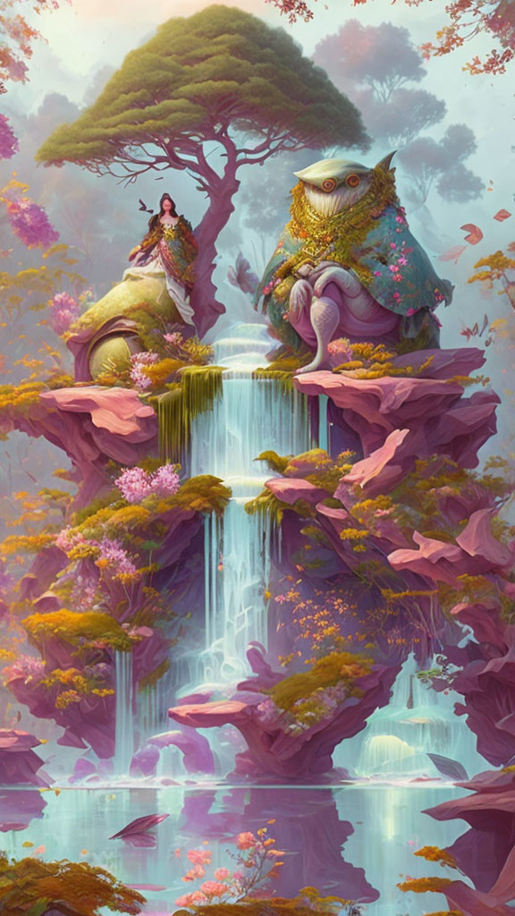 Surreal fantasy landscape: woman on tree, giant owl, vibrant flora