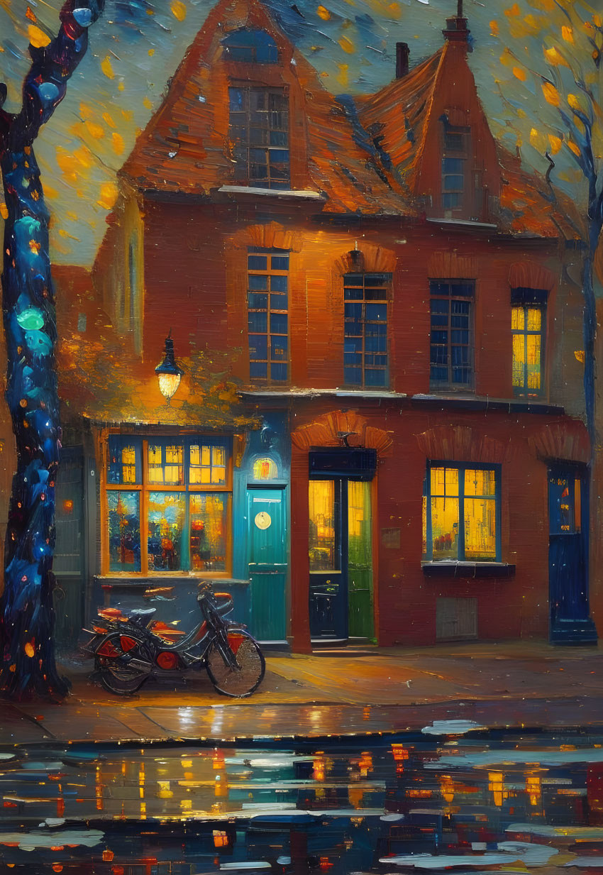 European Street Oil Painting: Cozy Night Scene with Rain and Traditional House