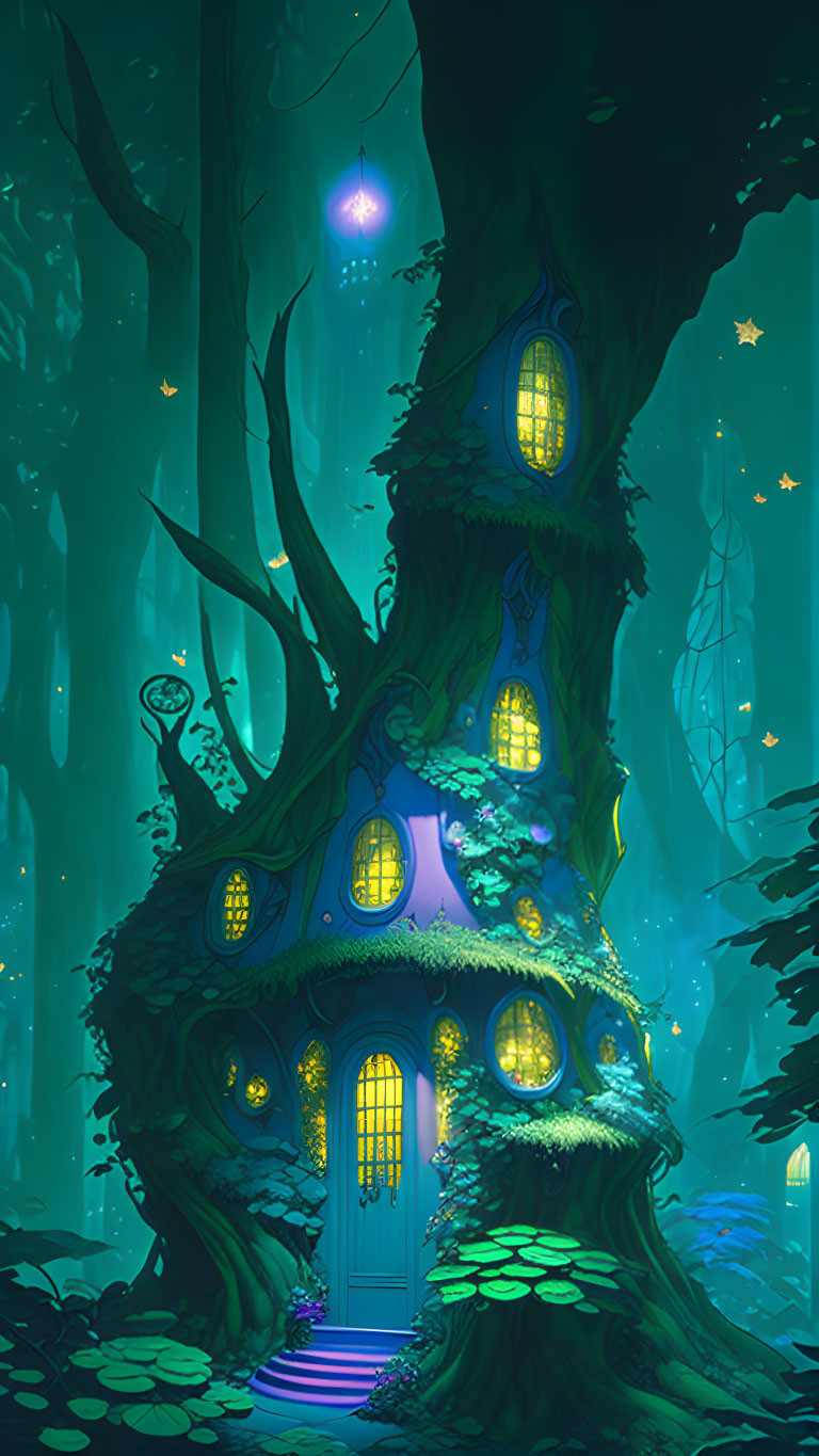 Enchanting Glowing Treehouse in Mystical Forest