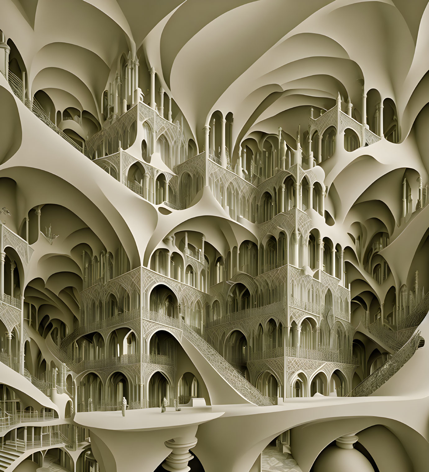 Detailed Fractal Illustration of Impossible Architecture in Sepia Tone