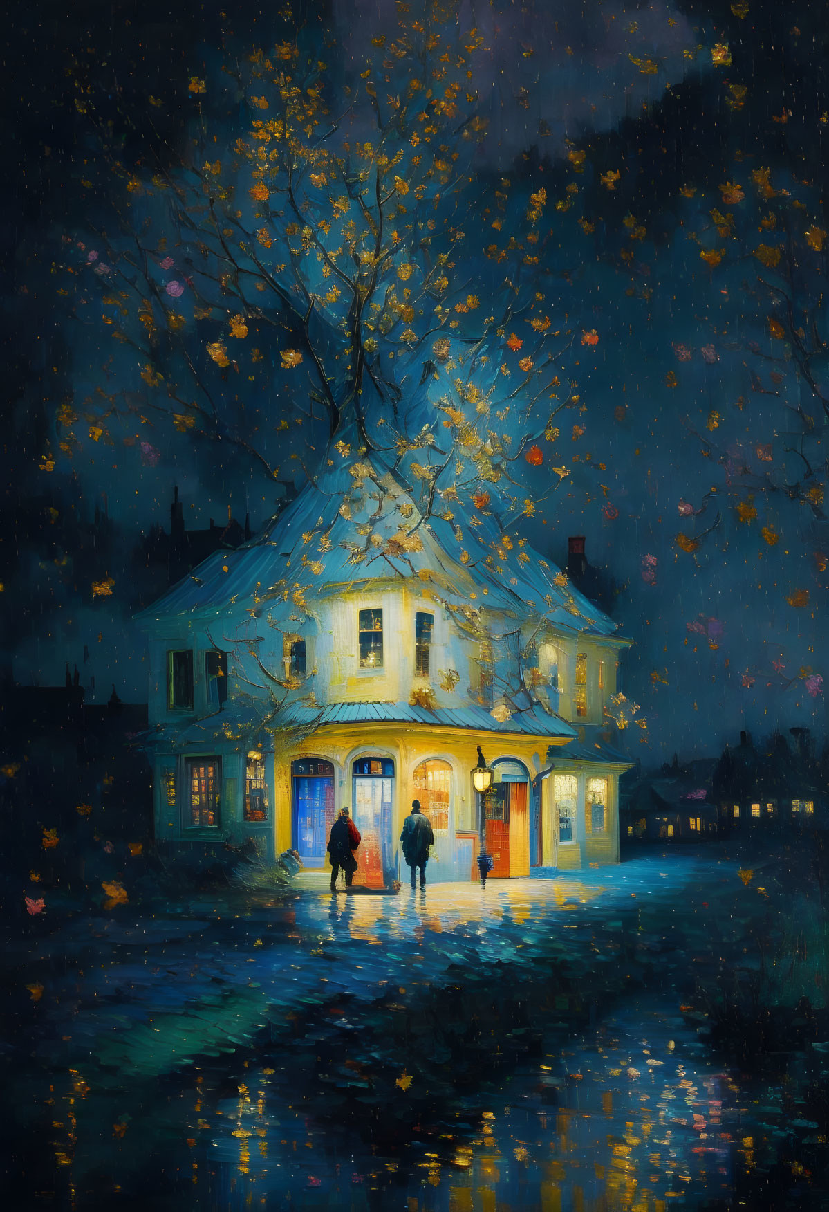 Whimsical painting of two people walking towards cozy, cottage-style house at night