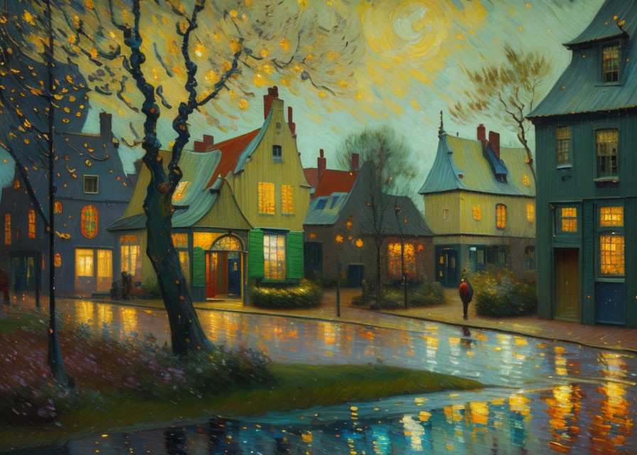 Colorful Starlit Village Painting with Wet Streets & Night Sky