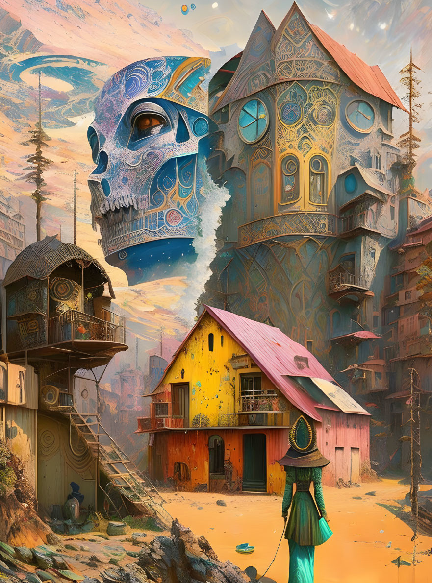 Eclectic buildings, giant skull, figure in green cloak in surreal art.