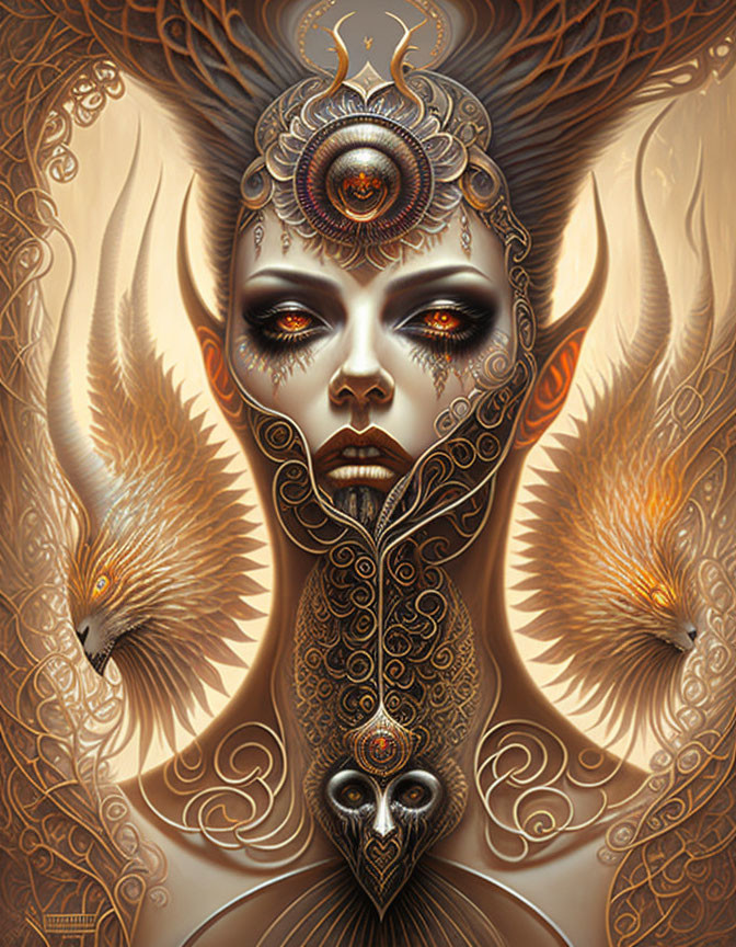 Detailed Fantasy Art: Woman with Ornate Headpiece, Eyes, Birds, Earthy Tones,