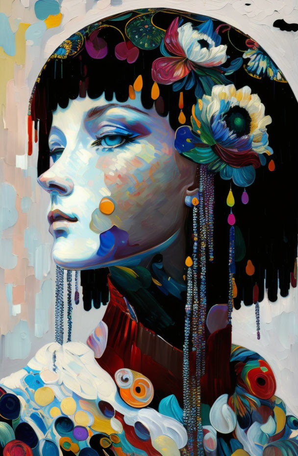 Colorful portrait of a woman with flower in hair and dripping paint details