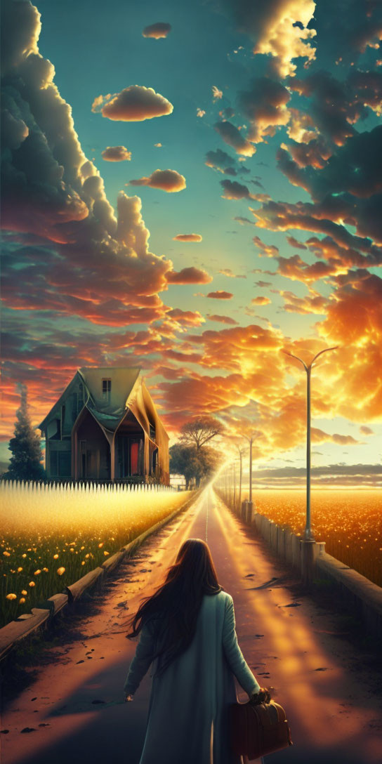 Woman walking on road towards fiery sunset with suitcase, house, and yellow flowers.