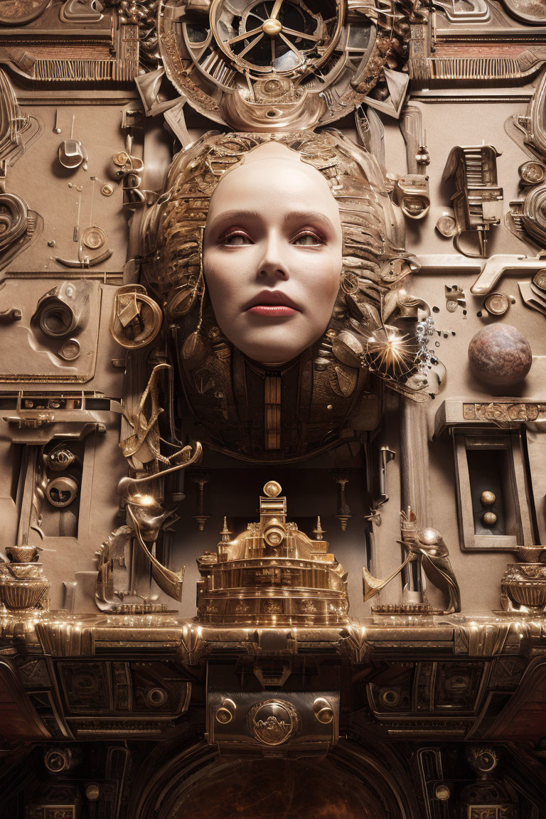 Surreal steampunk portrait with woman's face and mechanical elements