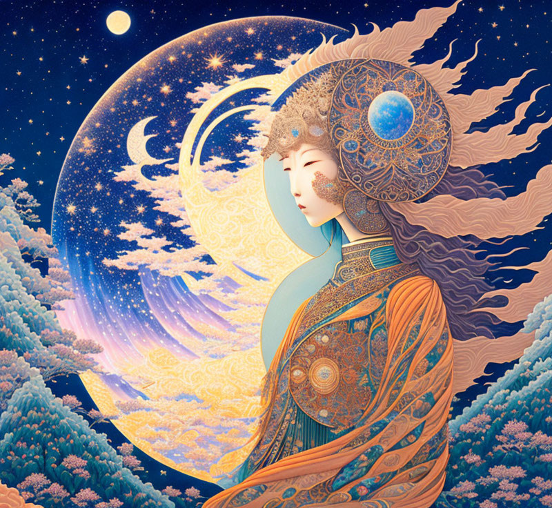 Detailed celestial woman illustration with ornate attire and starry background