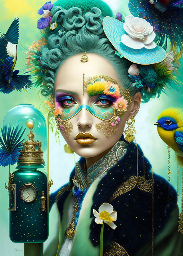 Colorful portrait of woman with teal hair, flowers, birds, and gold jewelry on pastel background