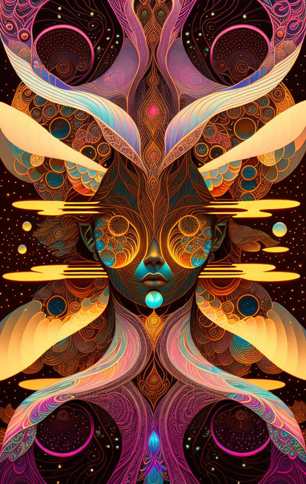 Symmetrical Abstract Art: Humanoid Face with Cosmic and Nature Elements