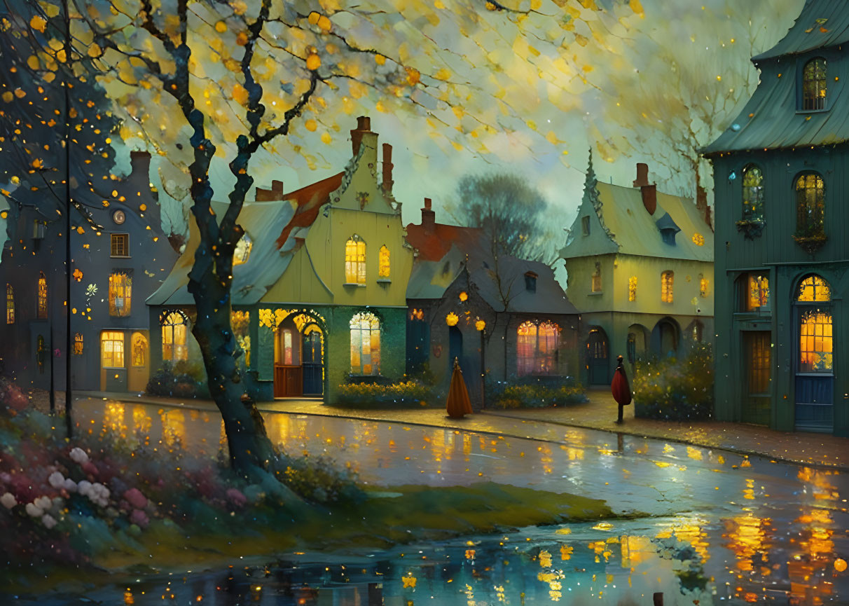 Whimsical painting of illuminated village evening