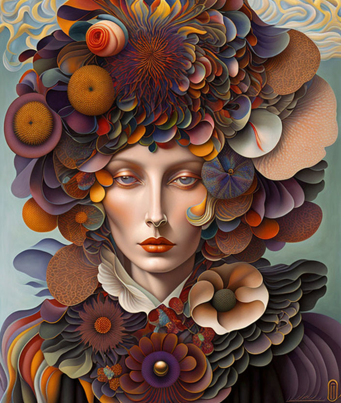 Stoic figure with vibrant floral headdress in oranges, reds, and earth tones