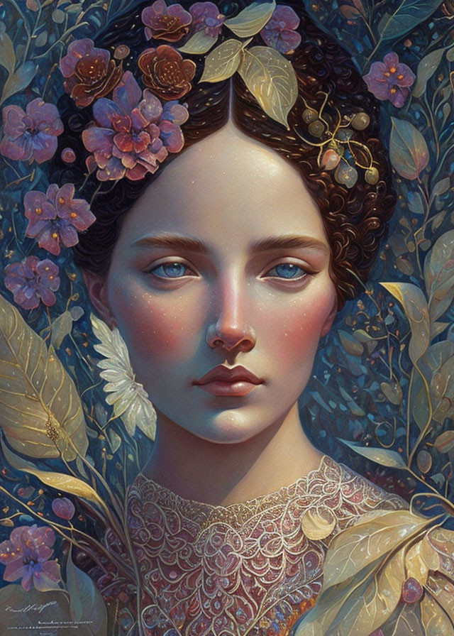 Serene woman portrait with floral headpiece and intricate details