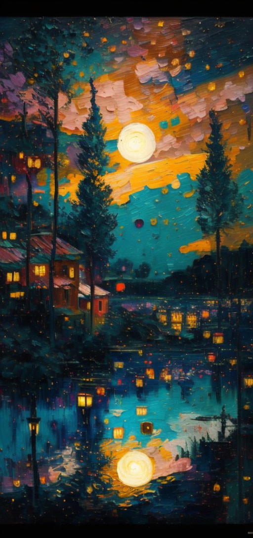 Impressionistic night scene painting with full moon over lake