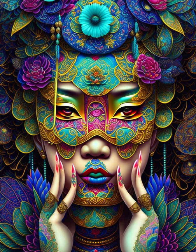 Colorful Illustration of Woman with Floral Patterns and Mask