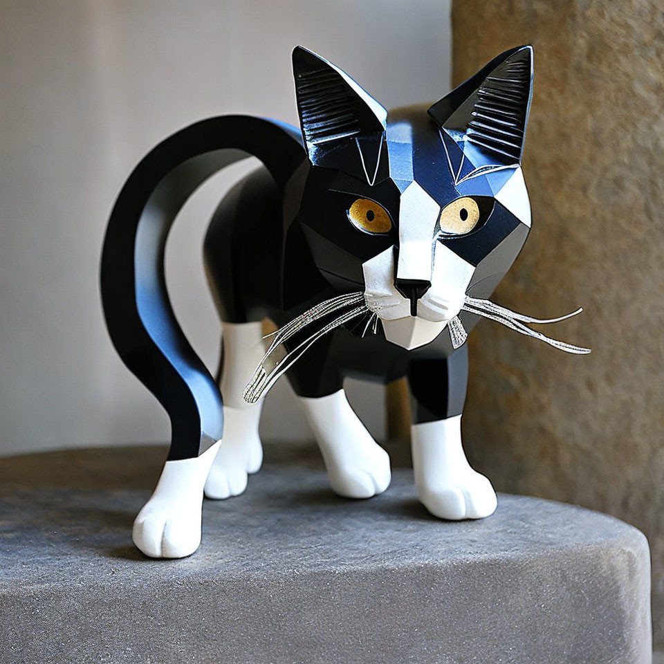 Geometric black and white cat sculpture with blue eyes and silver whiskers on stone ledge