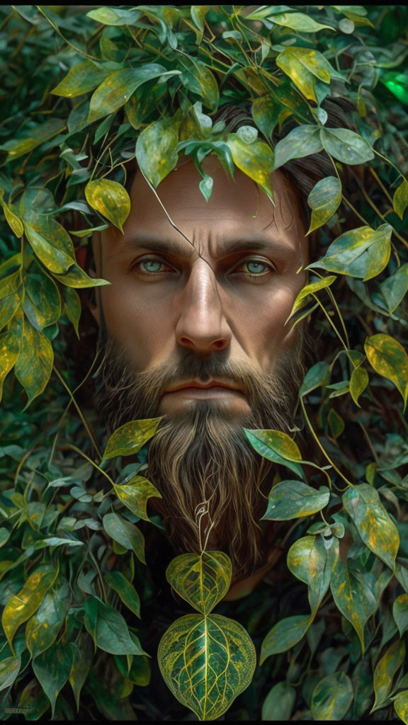 Bearded man with leafy pendant in mystical forest setting