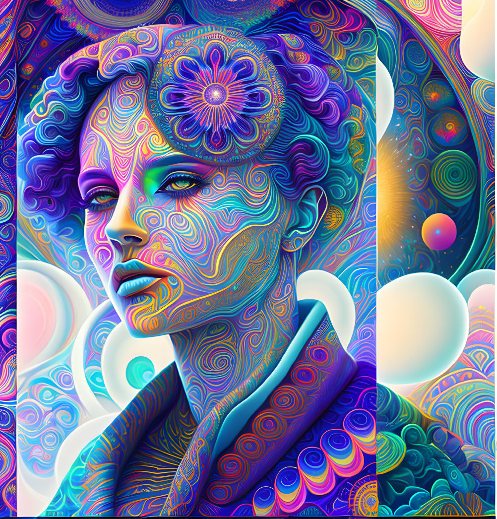 Colorful digital artwork: Woman with psychedelic swirls and celestial orbs