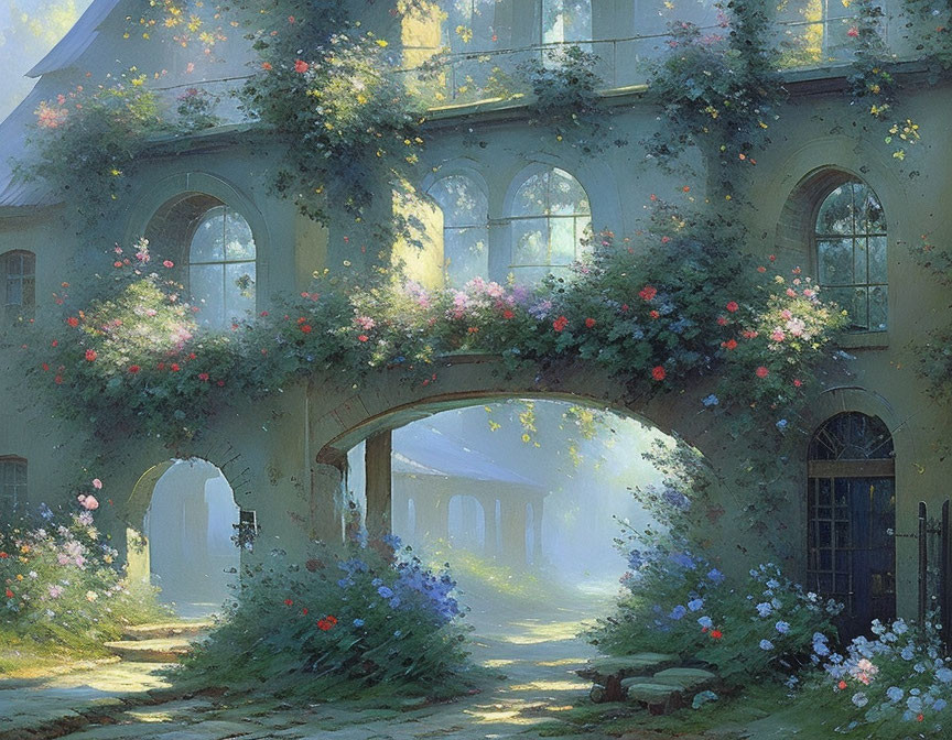 Two-story building with archways, ivy, and vibrant flowers in soft sunlight