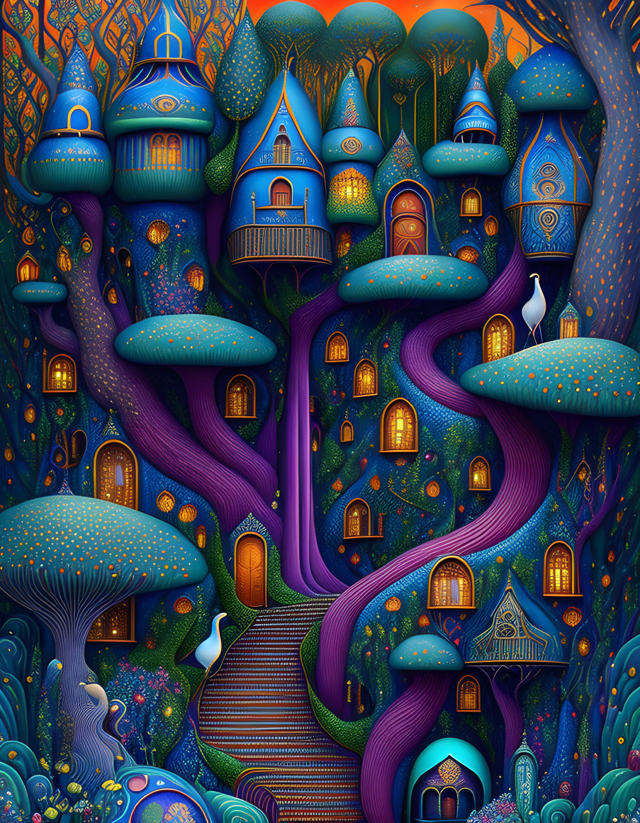 Colorful whimsical tree village with peacocks and glowing windows