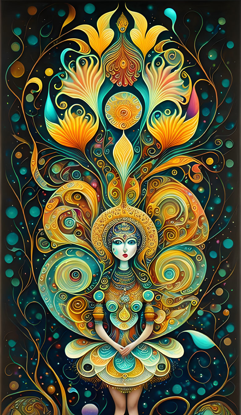 Colorful artwork of stylized female figure with peacock feather motifs and intricate patterns on dark background with