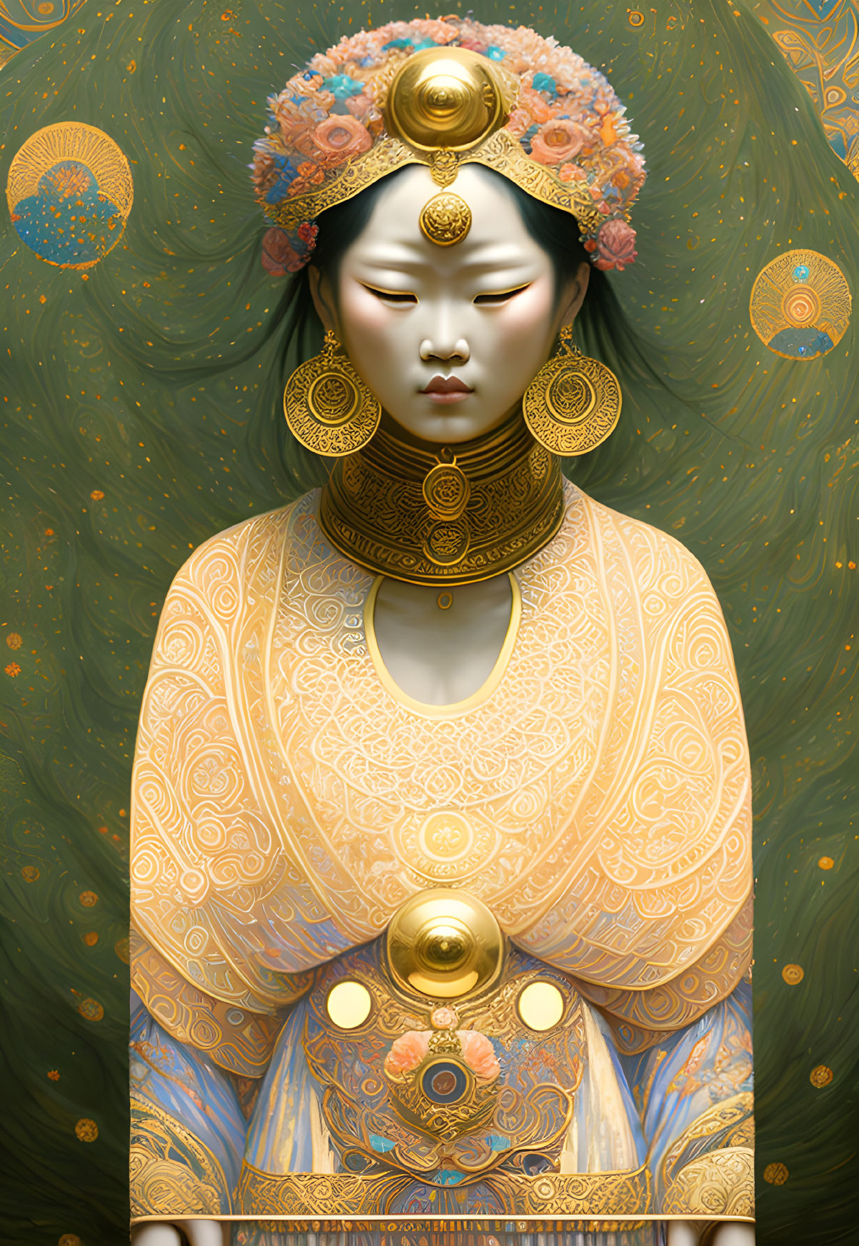 Ethereal illustration of solemn figure in golden headdress on green backdrop