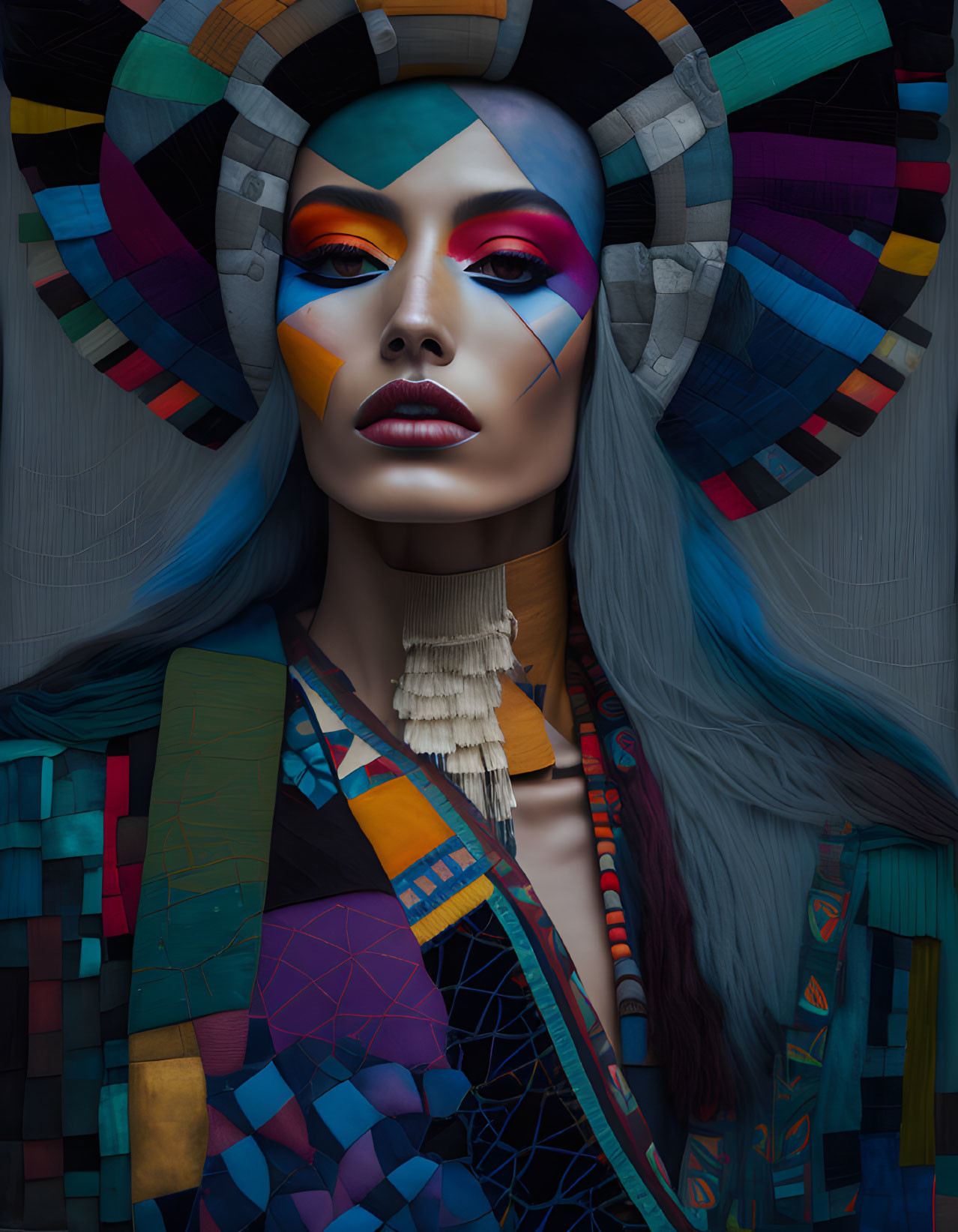 Geometric makeup woman with colorful patterned headdress on dark background