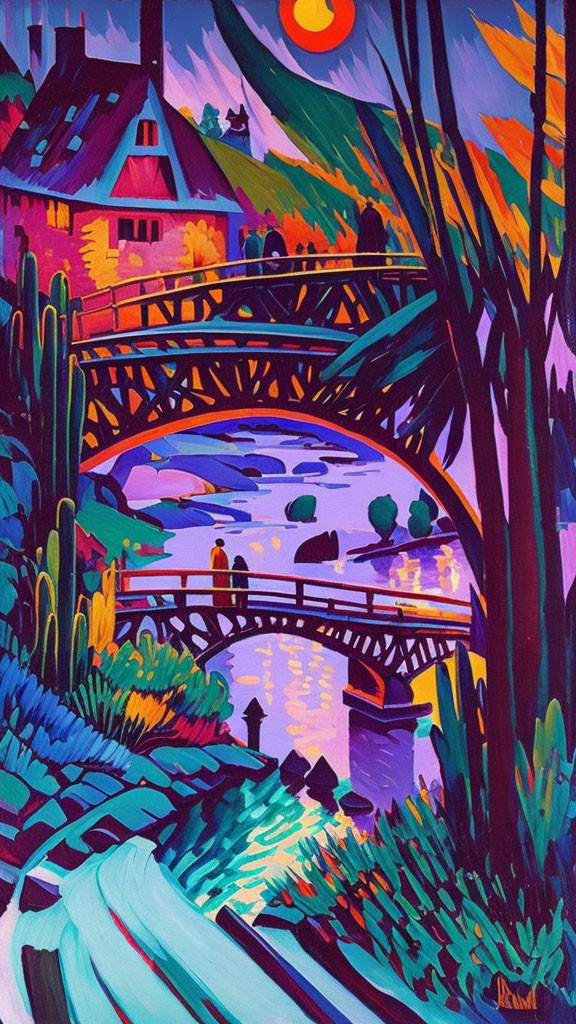 Colorful expressionist painting of serene river and bridge