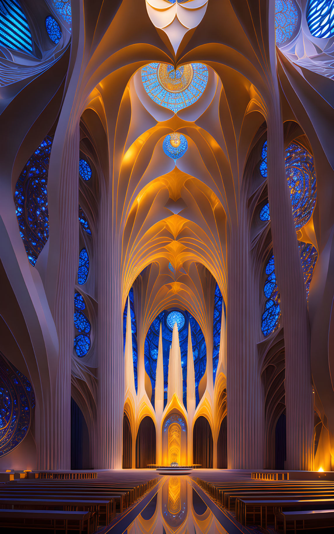 Modern Cathedral Interior with Soaring Arches and Stained Glass Windows