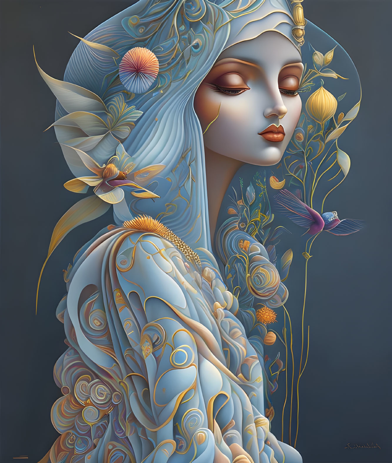 Stylized woman illustration with floral patterns in cool blue tones