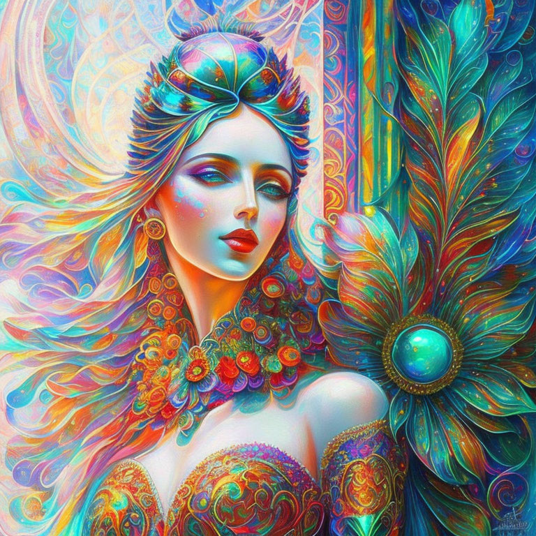 Colorful woman with peacock feathers and jewels: An elegant and mystique illustration