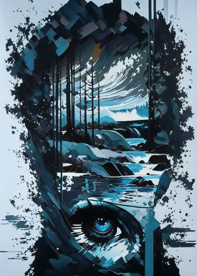 Cubist-style eye art with mountain landscape in blue palette