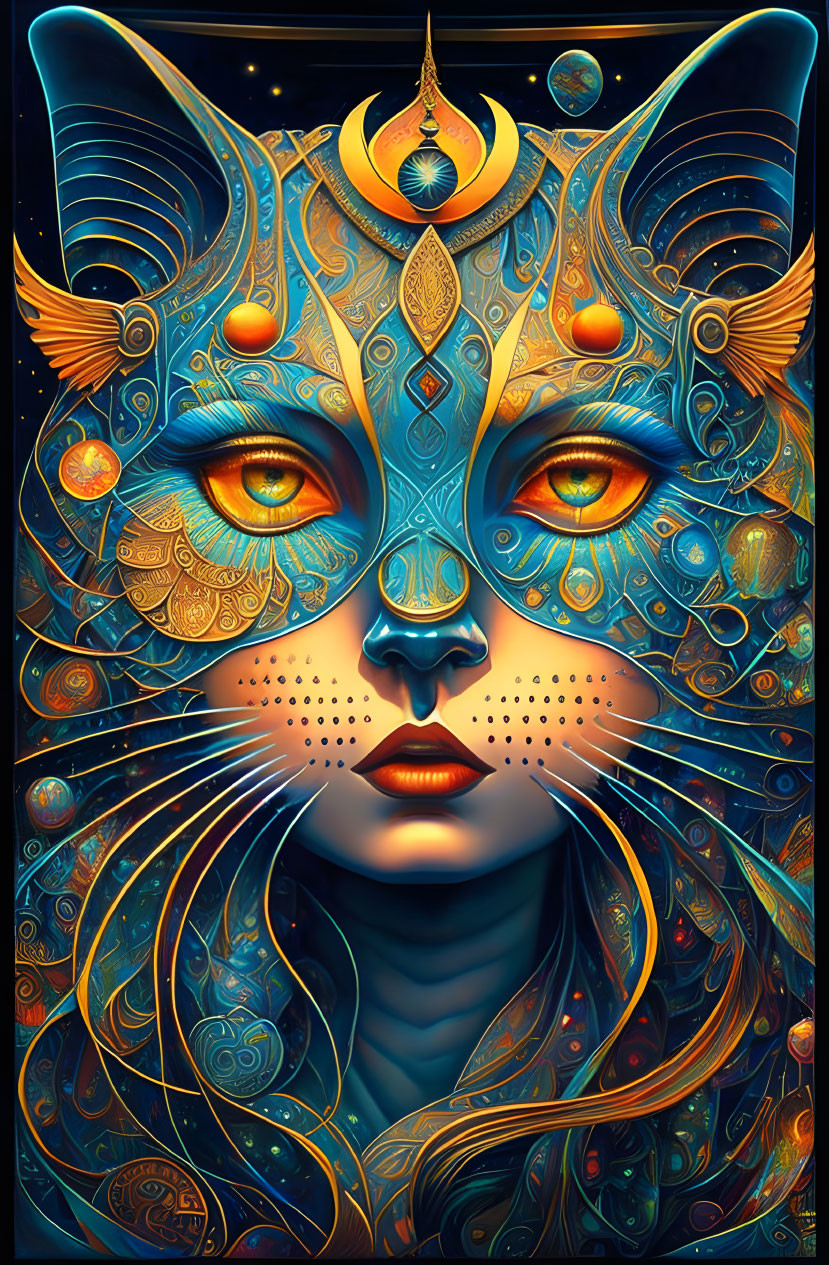 Colorful anthropomorphic cat head with intricate patterns and golden accents