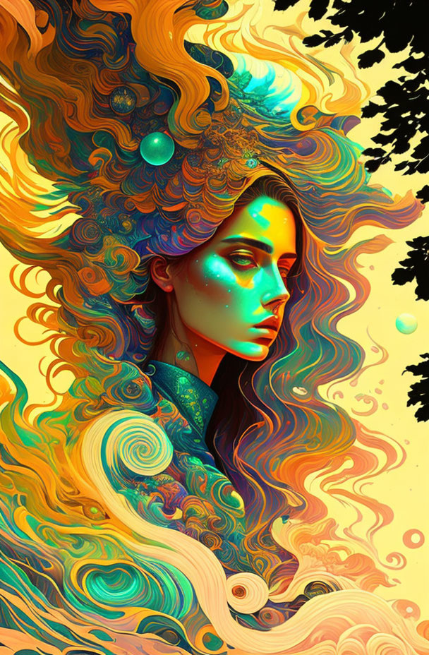 Colorful Psychedelic Portrait of Woman with Celestial Motifs