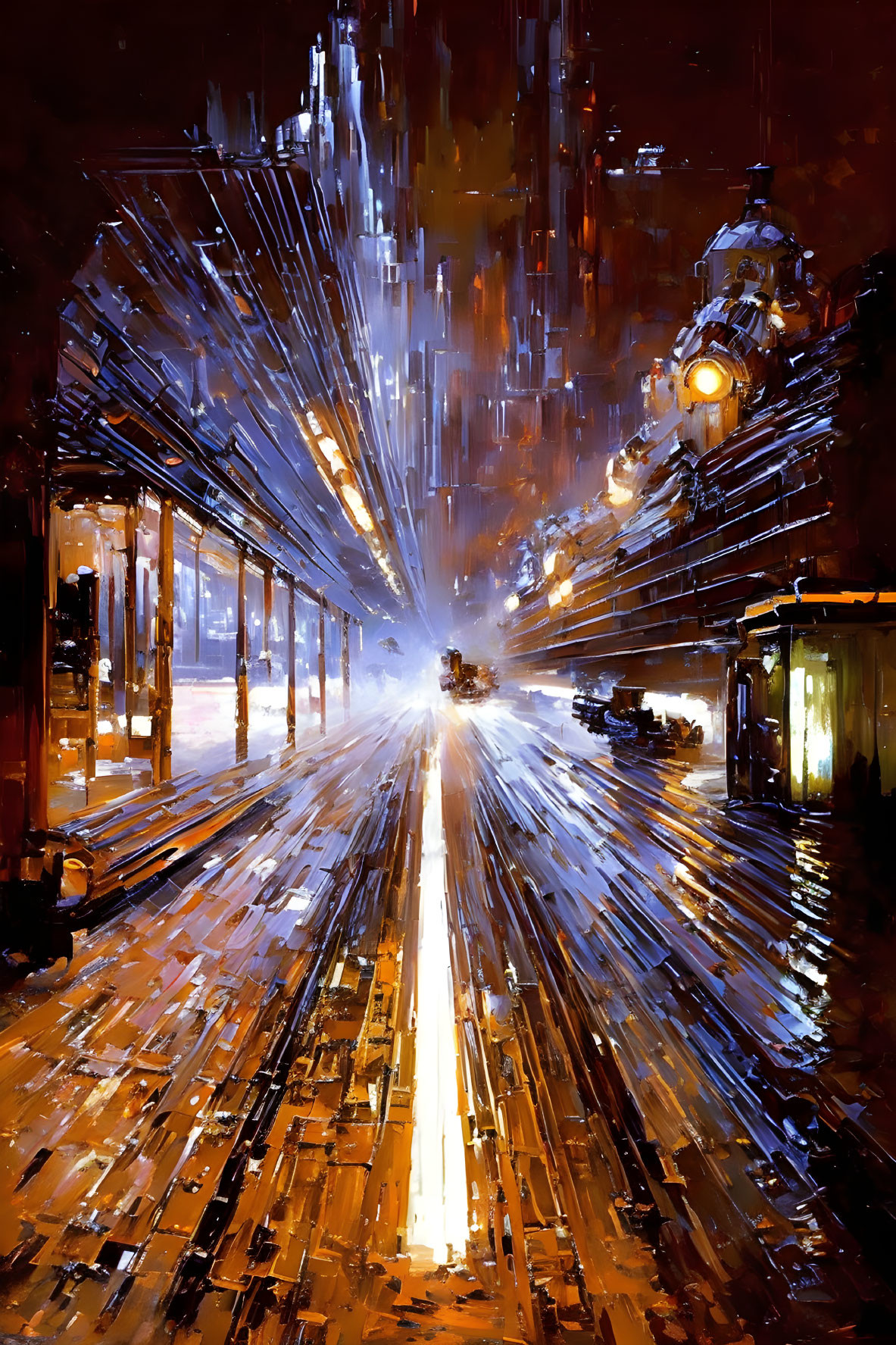 Expressionist-style painting of a bustling city street at night with streaking lights