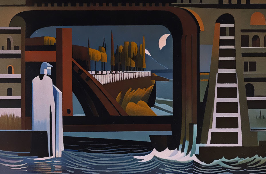 Figure overlooking bridge, water, cityscape, industrial elements, crescent moon.